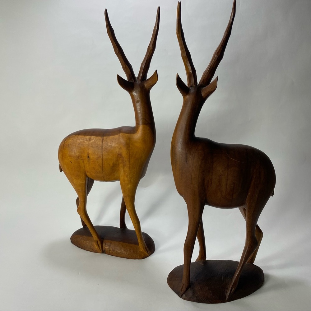 🎉LAST CALL🎉 2 MCM 14" Vintage Hand Carved Wooden Antelope Gazelle Sculptures - Picture 8 of 16